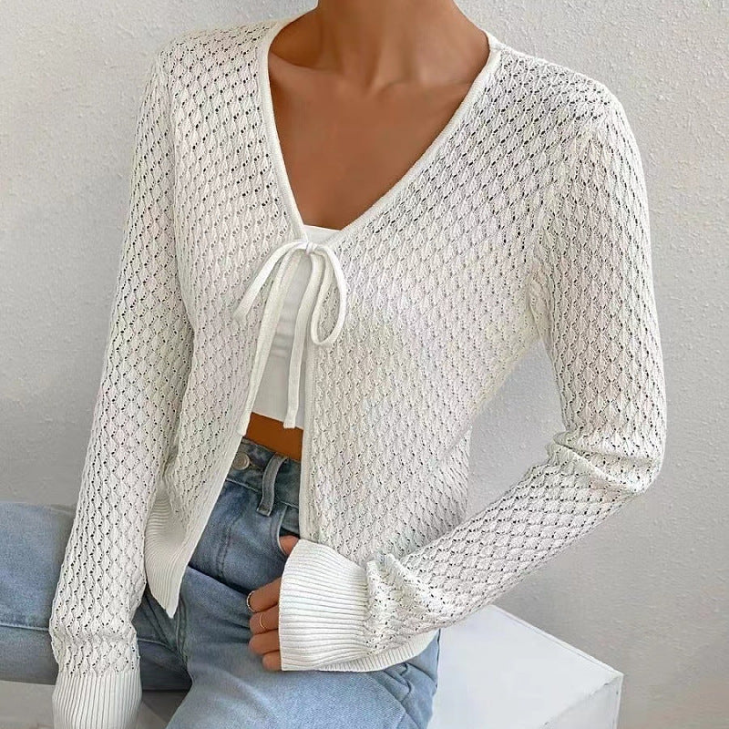 The Cloud White Lace-Tie Knit Cardigan
