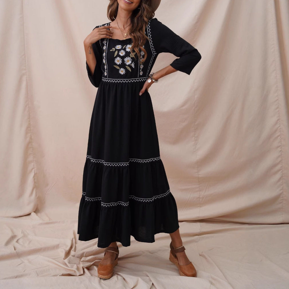 Moonlit Field Dress — Black Stitchwork