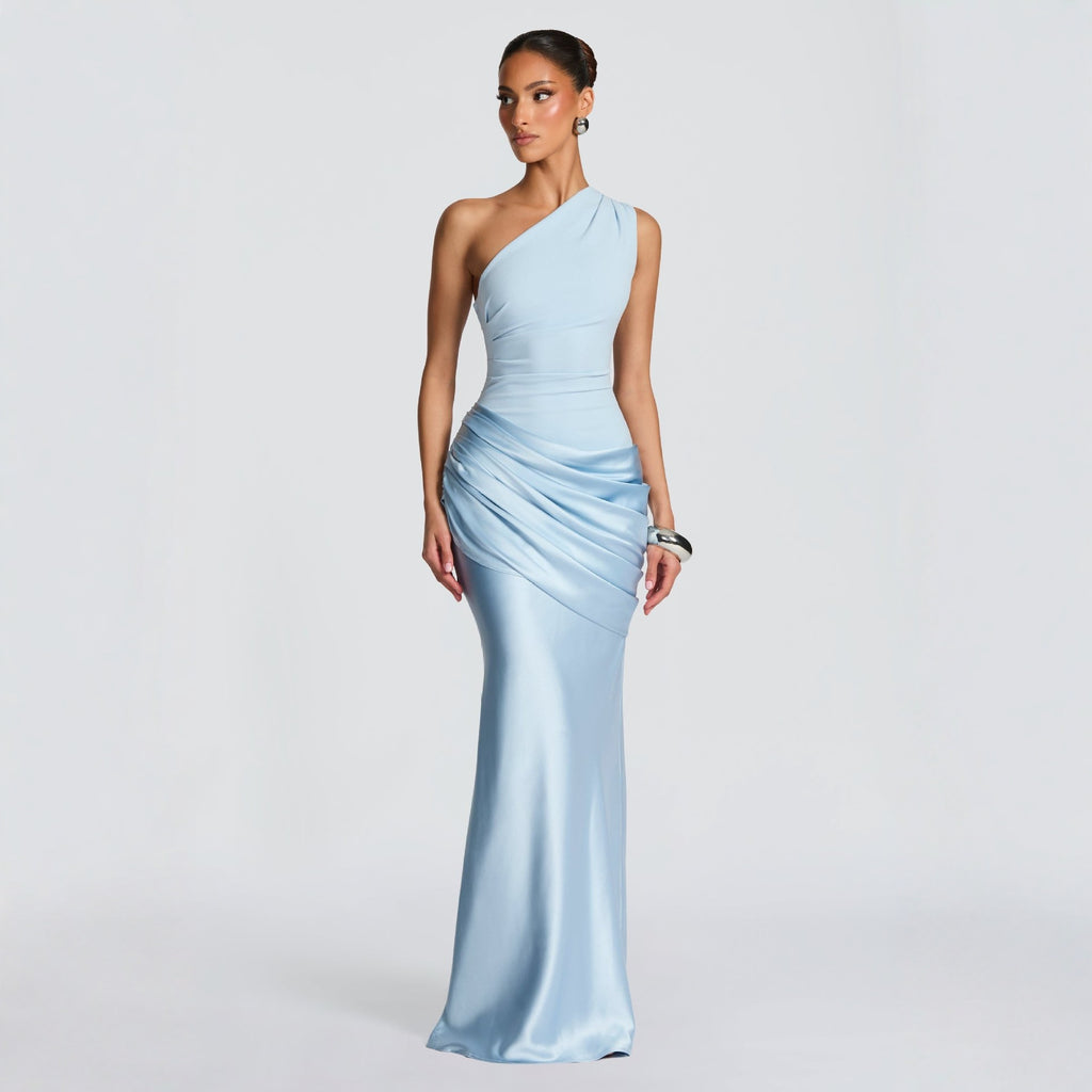 The One-Shoulder Satin Column Dress — Celestial Mist