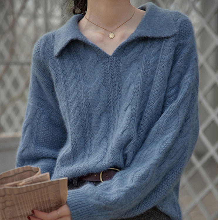 The Retro Cable Knit Collar Sweater — Dusty Alpine Blue blends