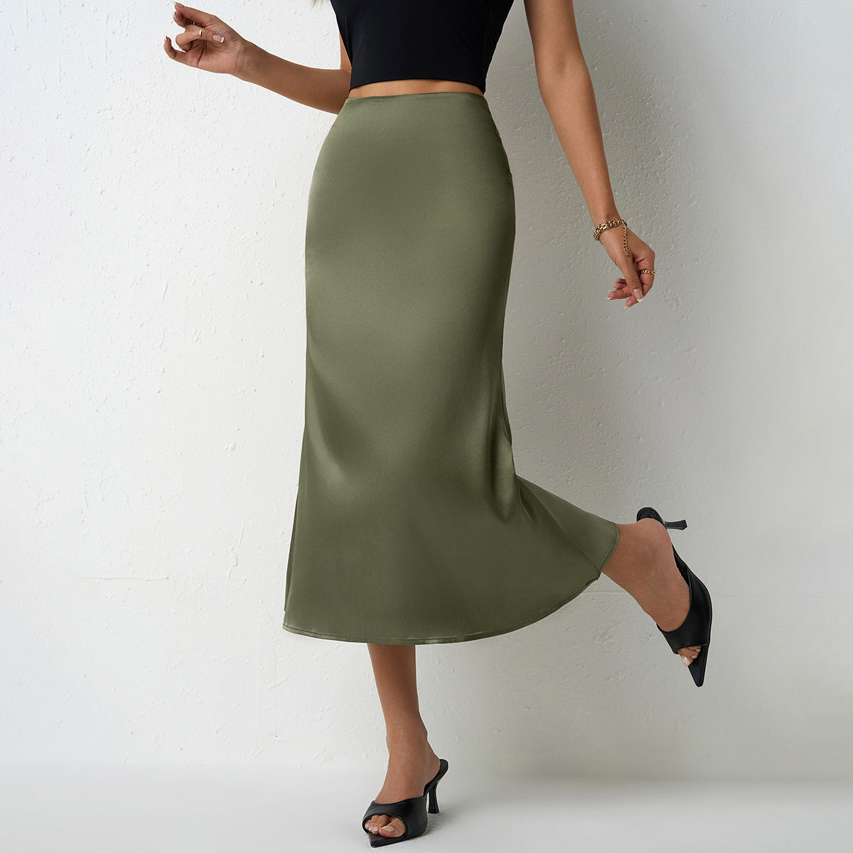 The Satin Curve Skirt — Olive