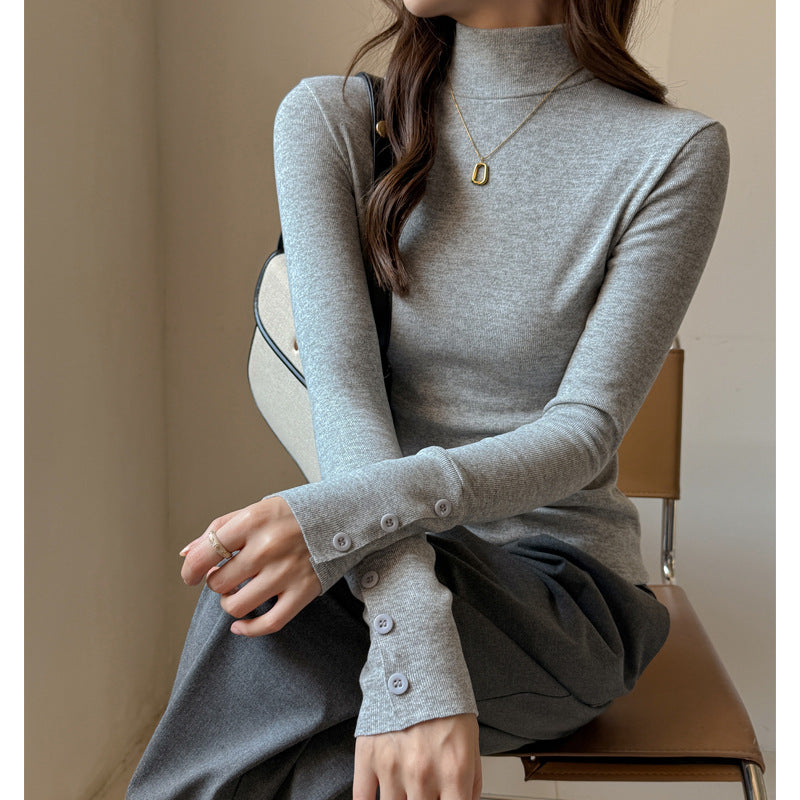 The Soft Button-Cuff Base Top — Silver Mist