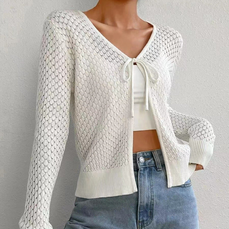 The Cloud White Lace-Tie Knit Cardigan