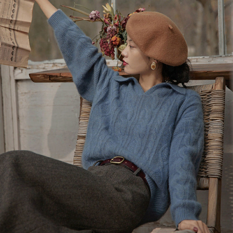 The Retro Cable Knit Collar Sweater — Dusty Alpine Blue blends