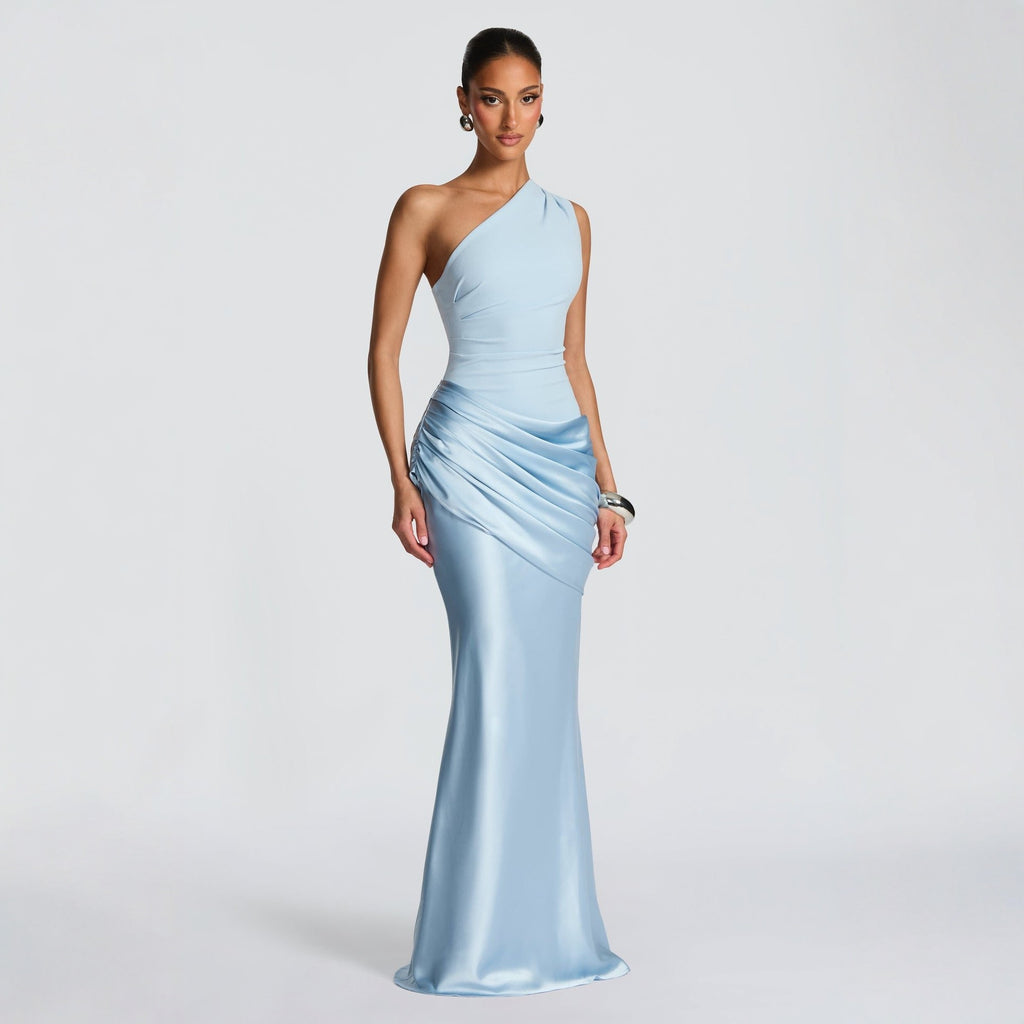 The One-Shoulder Satin Column Dress — Celestial Mist