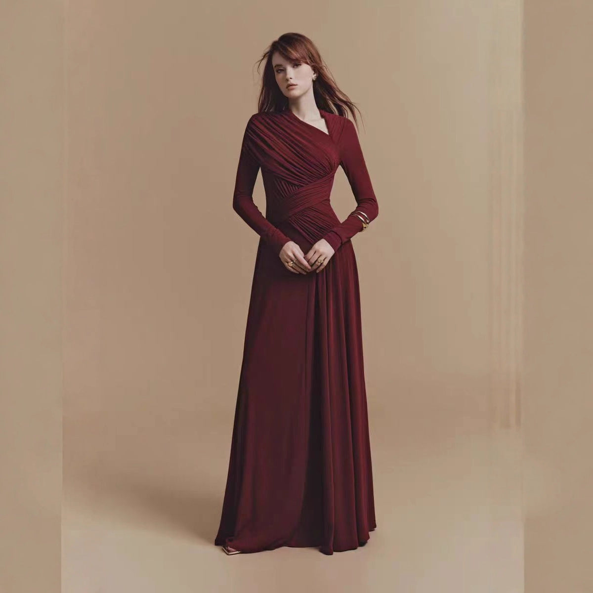 The Pleated Asymmetric Dress — Deep Garnet