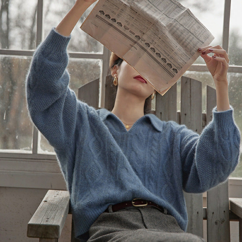 The Retro Cable Knit Collar Sweater — Dusty Alpine Blue blends