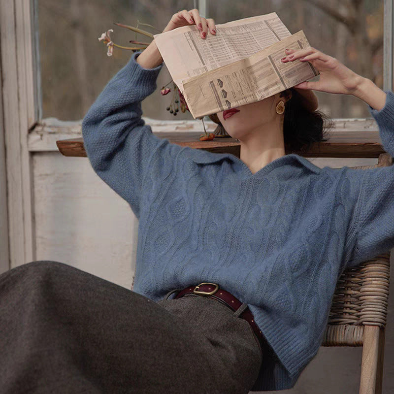 The Retro Cable Knit Collar Sweater — Dusty Alpine Blue blends