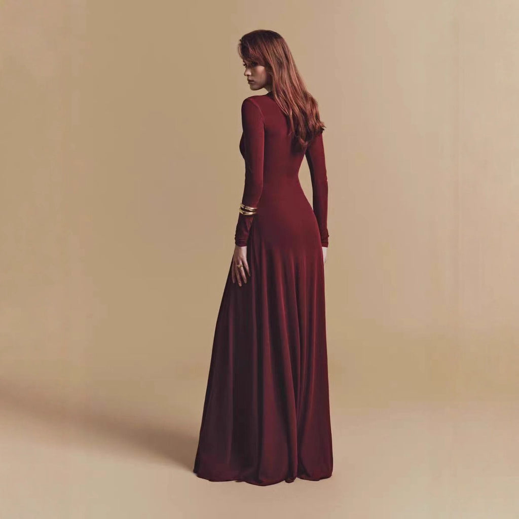 The Pleated Asymmetric Dress — Deep Garnet